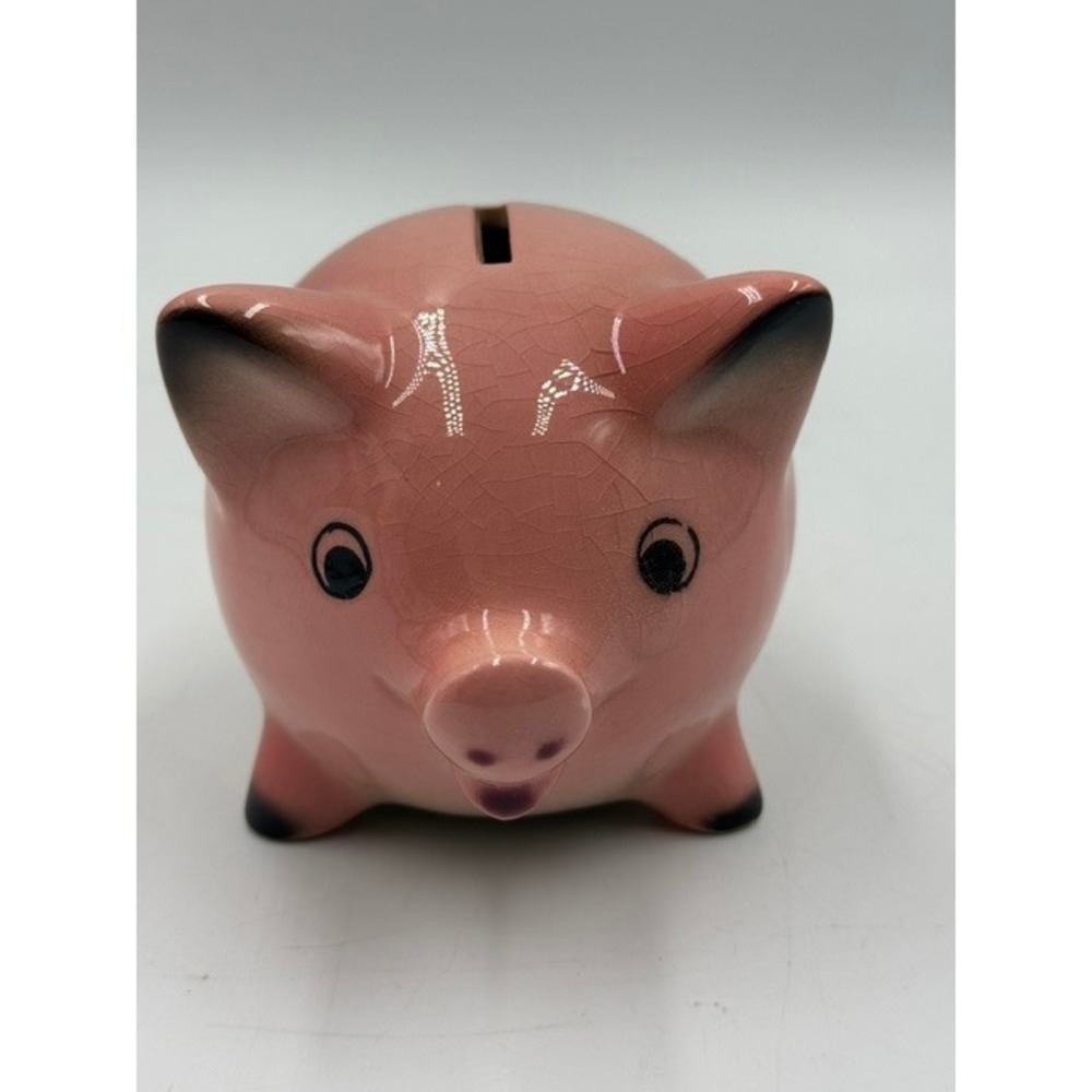 Vintage Goebel West Germany Pink Crackle Glaze Ceramic Piggy Bank Coin Box